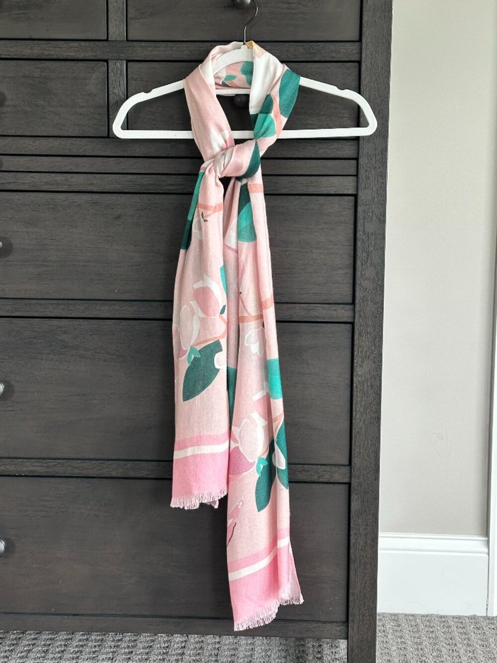 Kate Spade Pink Magnolia Floral Print Oblong Scarf Butterfly Gold Foil Logo